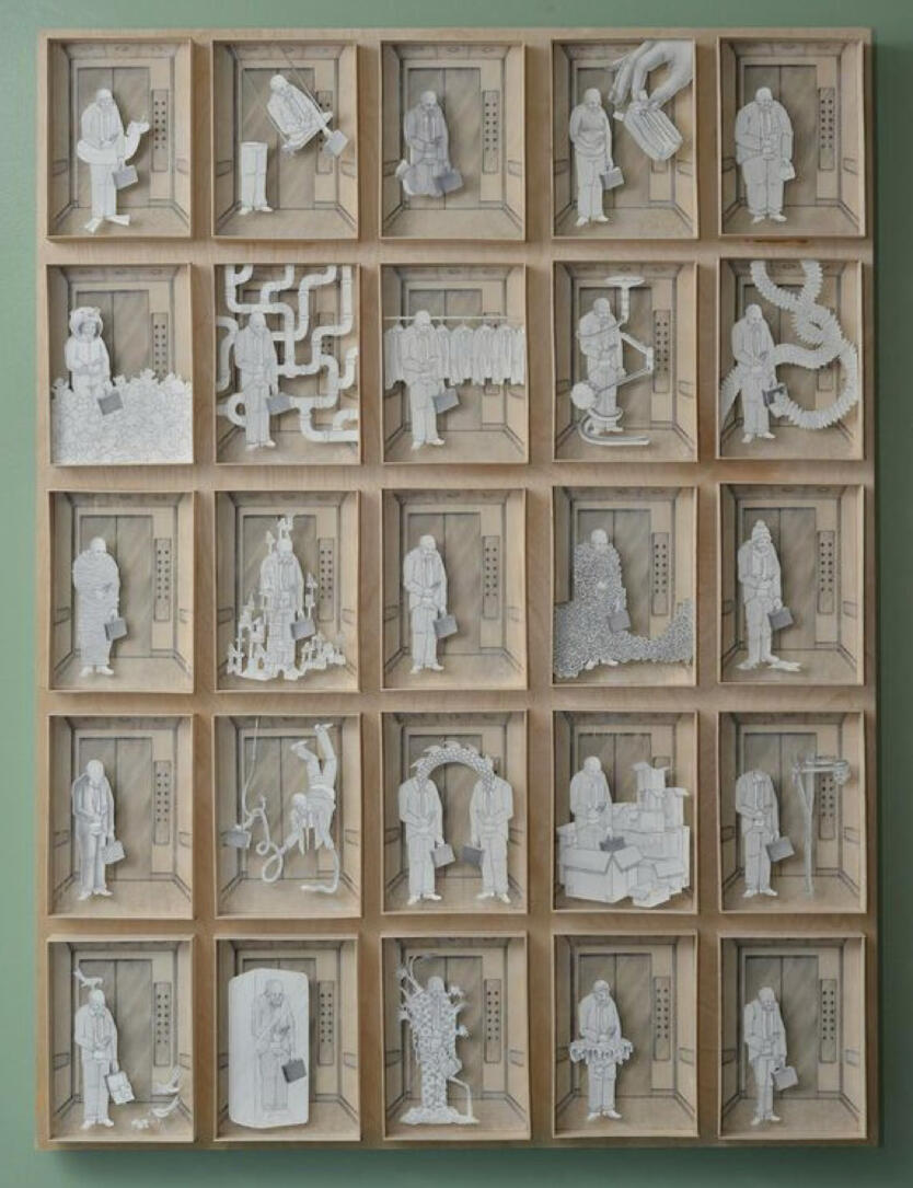 Mindlessness . 2019 . Graphite drawings gel transferred to wood with graphite drawings on hand cut paper Mindlessness . 2019 . Graphite drawings gel transferred to wood with graphite drawings on hand cut paper
