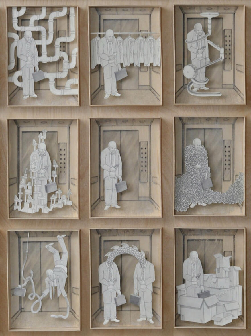 Mindlessness . 2019 . Graphite drawings gel transferred to wood with graphite drawings on hand cut paper Mindlessness . 2019 . Graphite drawings gel transferred to wood with graphite drawings on hand cut paper