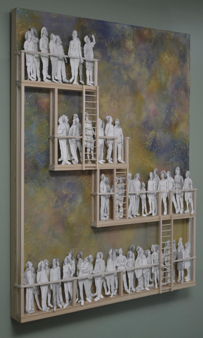 “Awaiting” . Graphite on cut papers, encaustic, acrylic and wood assemblage . 2021