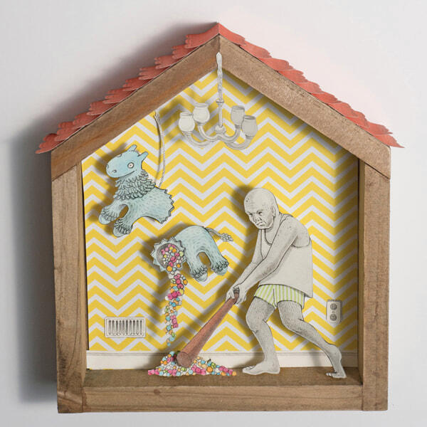 Party Favors No. 1 | graphite, watercolor, found papers, wood | 2021