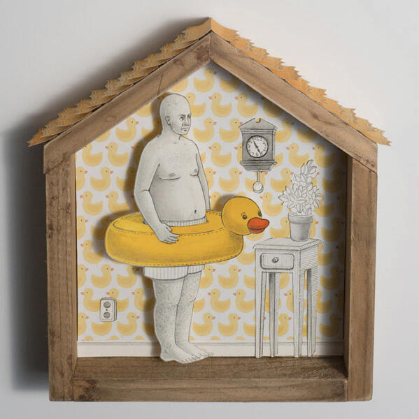 Quack No. 1 | graphite, watercolor, gouache, found paper, marker, ballpoint pen, wood | 2021