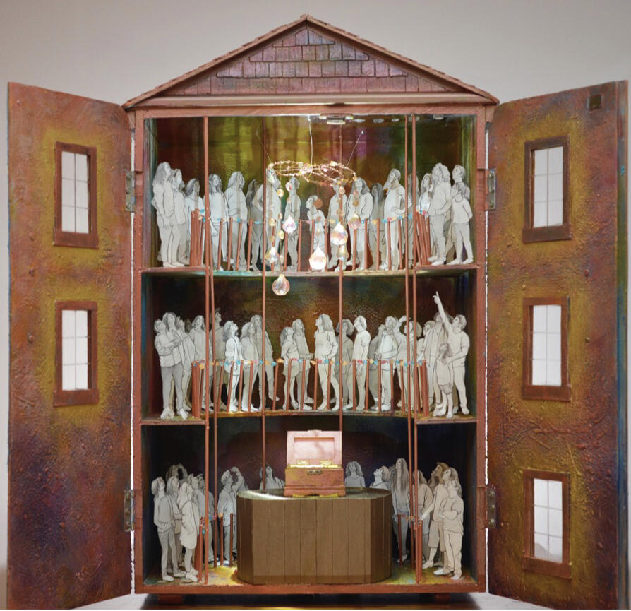 “Reception” . Graphite on cut paper, encaustic, acrylic, resin, wood assemblage, wire and found objects. 2021