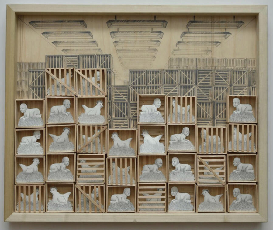 To Confine Being . 2021 . Graphite on wood and hand cut paper with wood assemblage