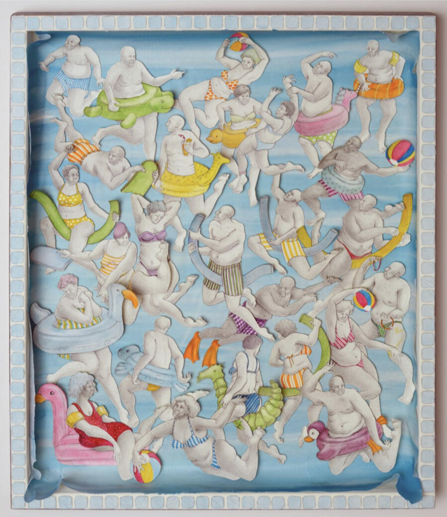 “The Last Pool Party” . Graphite on cut paper, watercolor, gouache, dye, acrylic, vellum . 2021 “The Last Pool Party” . Graphite on cut paper, watercolor, gouache, dye, acrylic, vellum . 2021