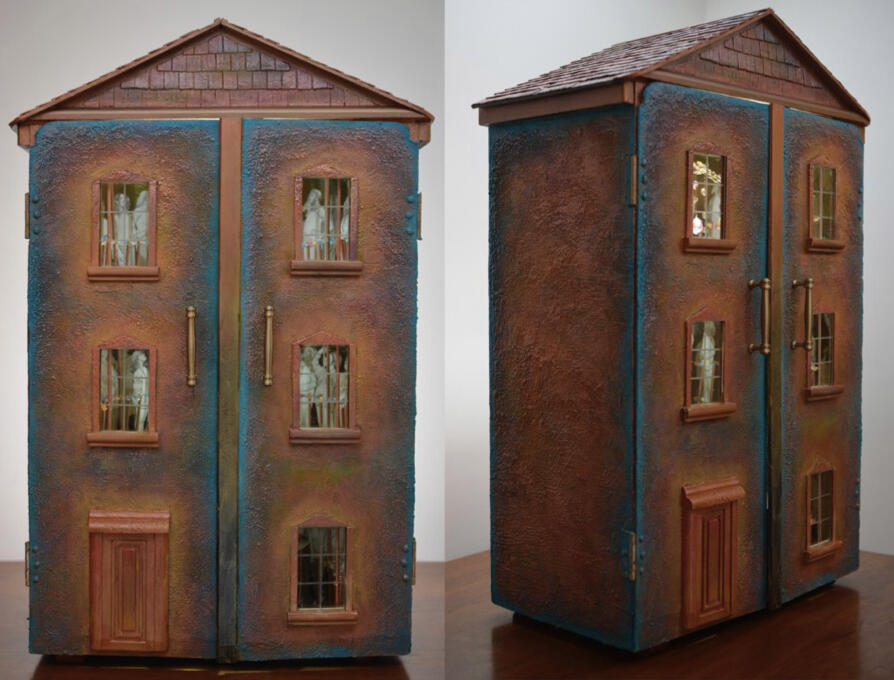 “Reception” . Graphite on cut paper, encaustic, acrylic, resin, wood assemblage, wire and found objects. 2021