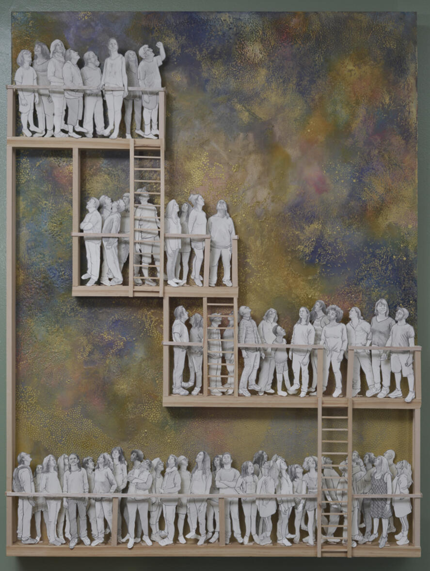 “Awaiting” . Graphite on cut papers, encaustic, acrylic and wood assemblage . 2021