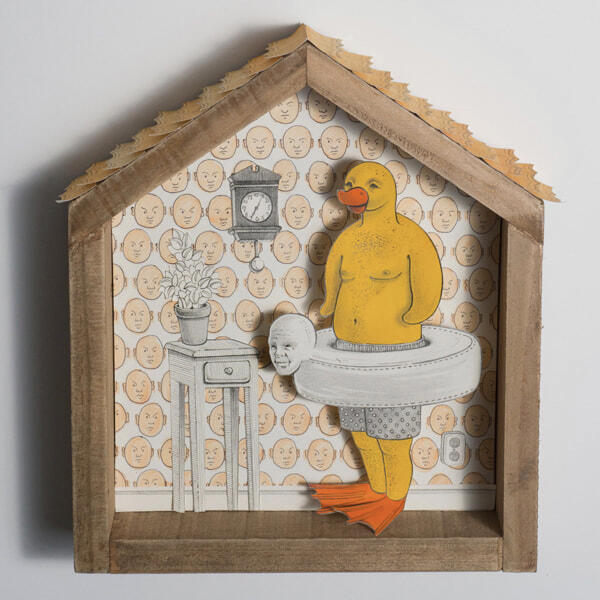Quack No. 2 | graphite, watercolor, gouache, found paper, marker, ballpoint pen, wood | 2021